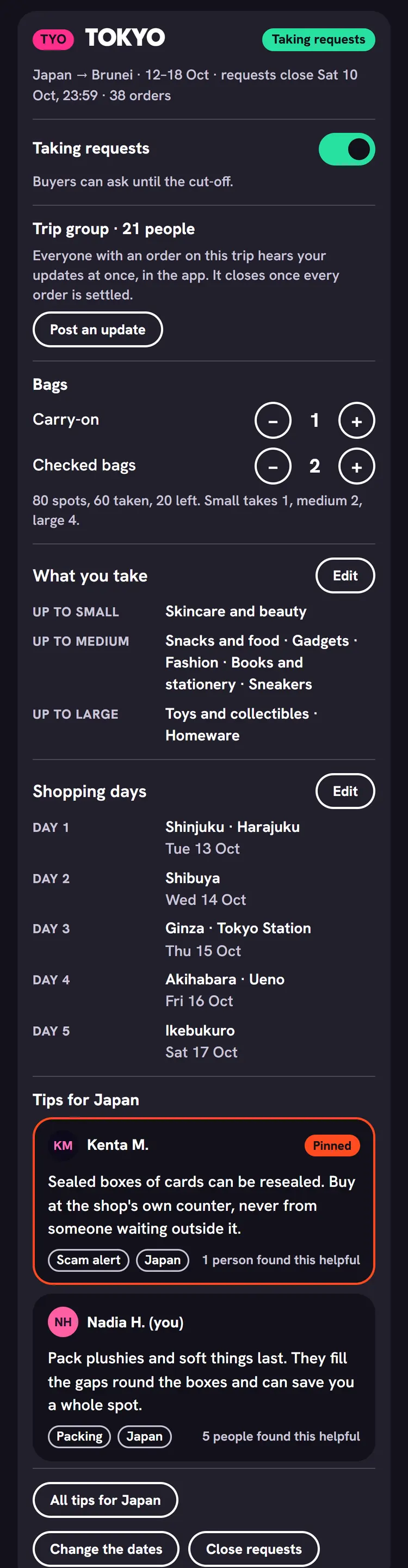 Shopper mode, dark: the Tokyo trip's controls, taking requests, the trip group of 21 people, the bags